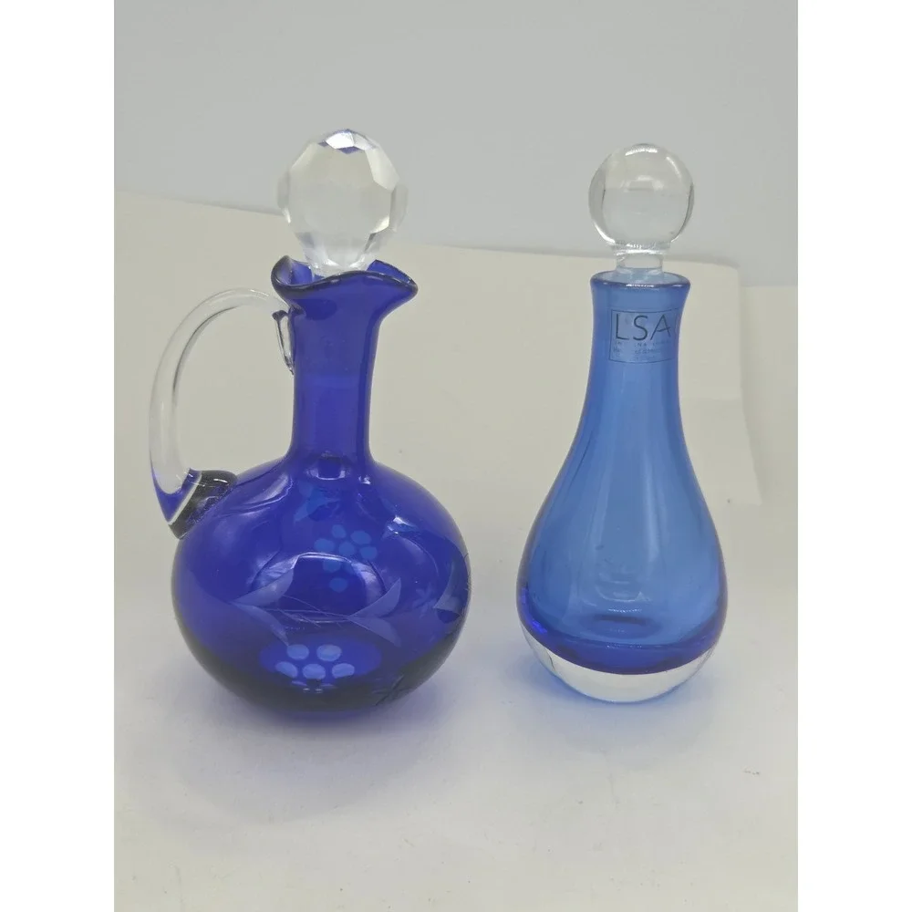 LSA International Blue Glass Decanter & Etched Cobalt Cruet Set with Stoppers
